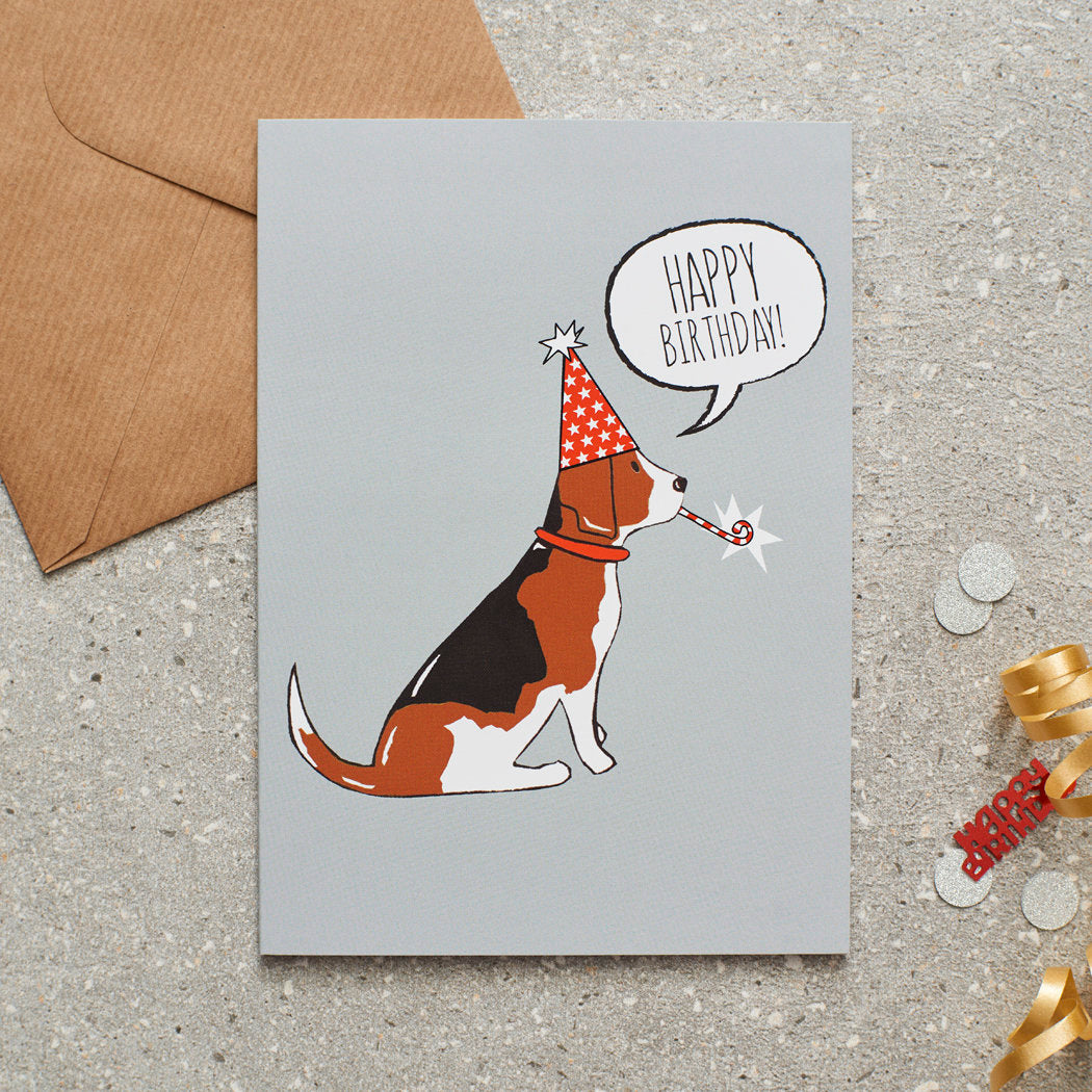 Beagle birthday card with illustrated dog design — blank inside, FSC-certified, designed and made in England by Sweet William Designs