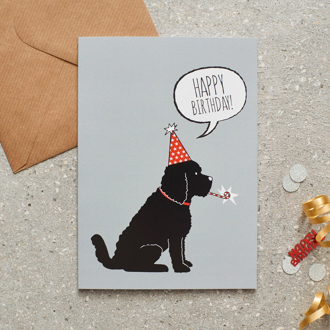 Black Cockapoo / Labradoodle birthday card with illustrated dog design — blank inside, FSC-certified, designed and made in England by Sweet William Designs