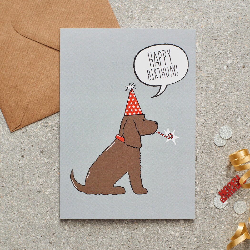 Chocolate Cocker Spaniel birthday card with illustrated dog design — blank inside, FSC-certified, designed and made in England by Sweet William Designs