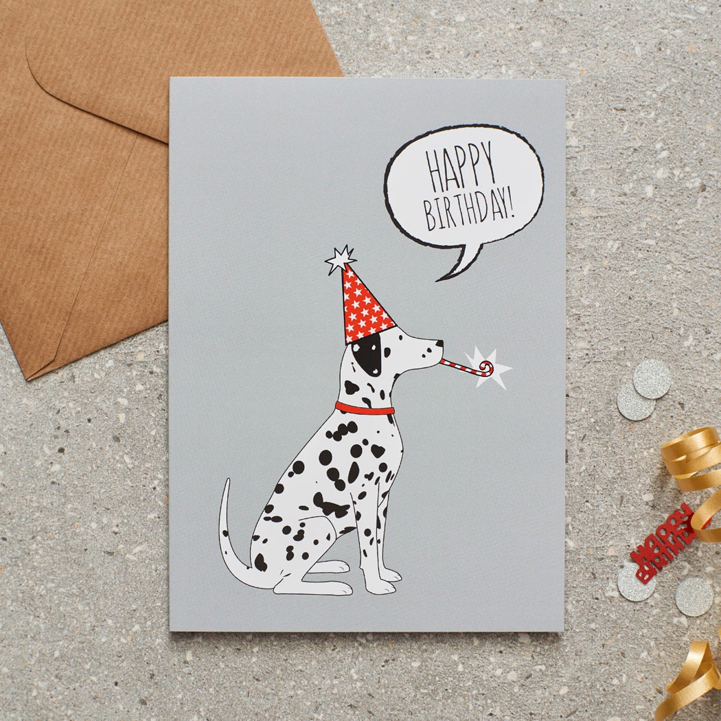 Dalmatian birthday card with illustrated dog design — blank inside, FSC-certified, designed and made in England by Sweet William Designs