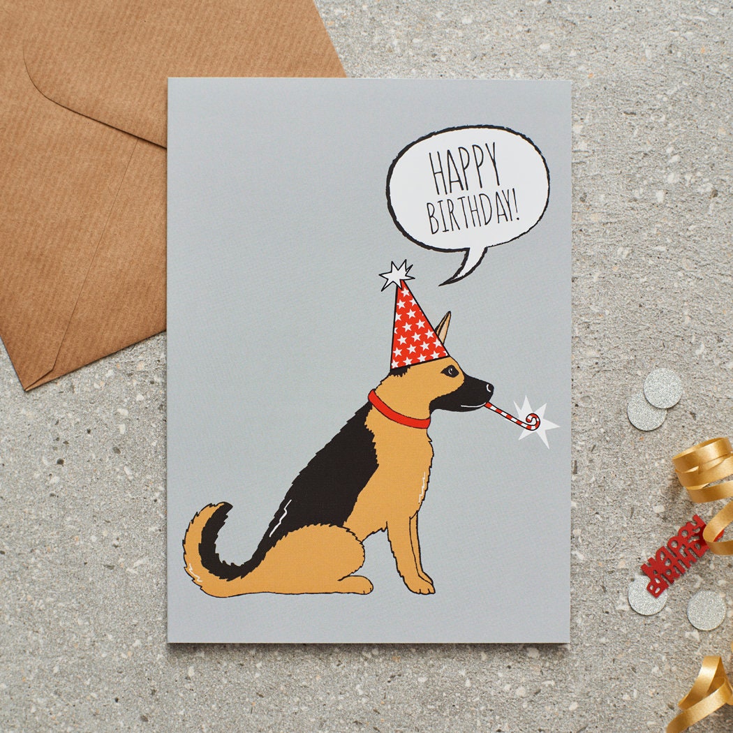 German Shepherd birthday card with illustrated dog design — blank inside, FSC-certified, designed and made in England by Sweet William Designs