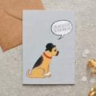 Border Terrier new job congratulations card by Sweet William Designs, featuring an illustrated Border Terrier wearing a bowler hat and red collar, with “Congratulations on your new job!” message and kraft envelope