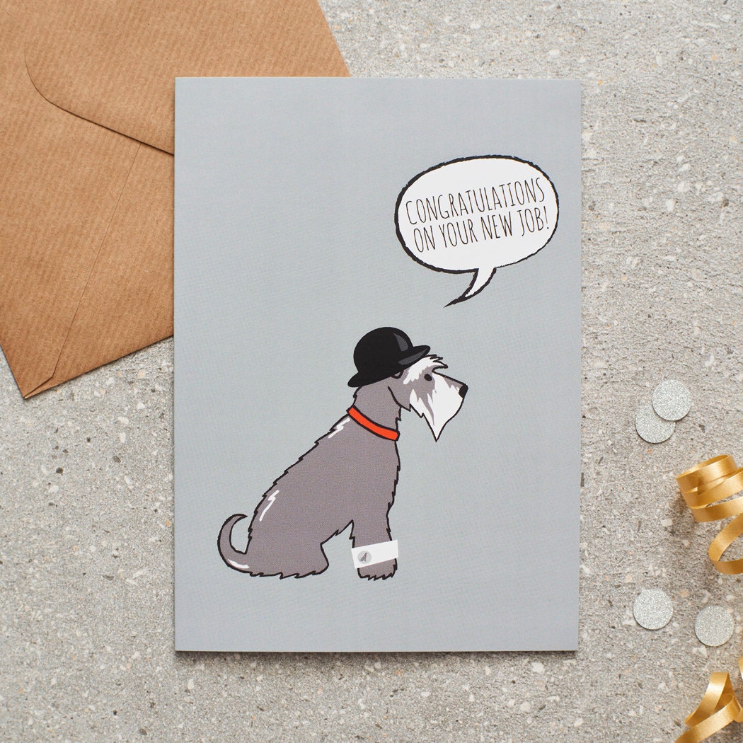 Schnauzer new job congratulations card by Sweet William Designs, featuring an illustrated Salt & Pepper Schnauzer wearing a bowler hat and red collar, with “Congratulations on your new job!” message and kraft envelope