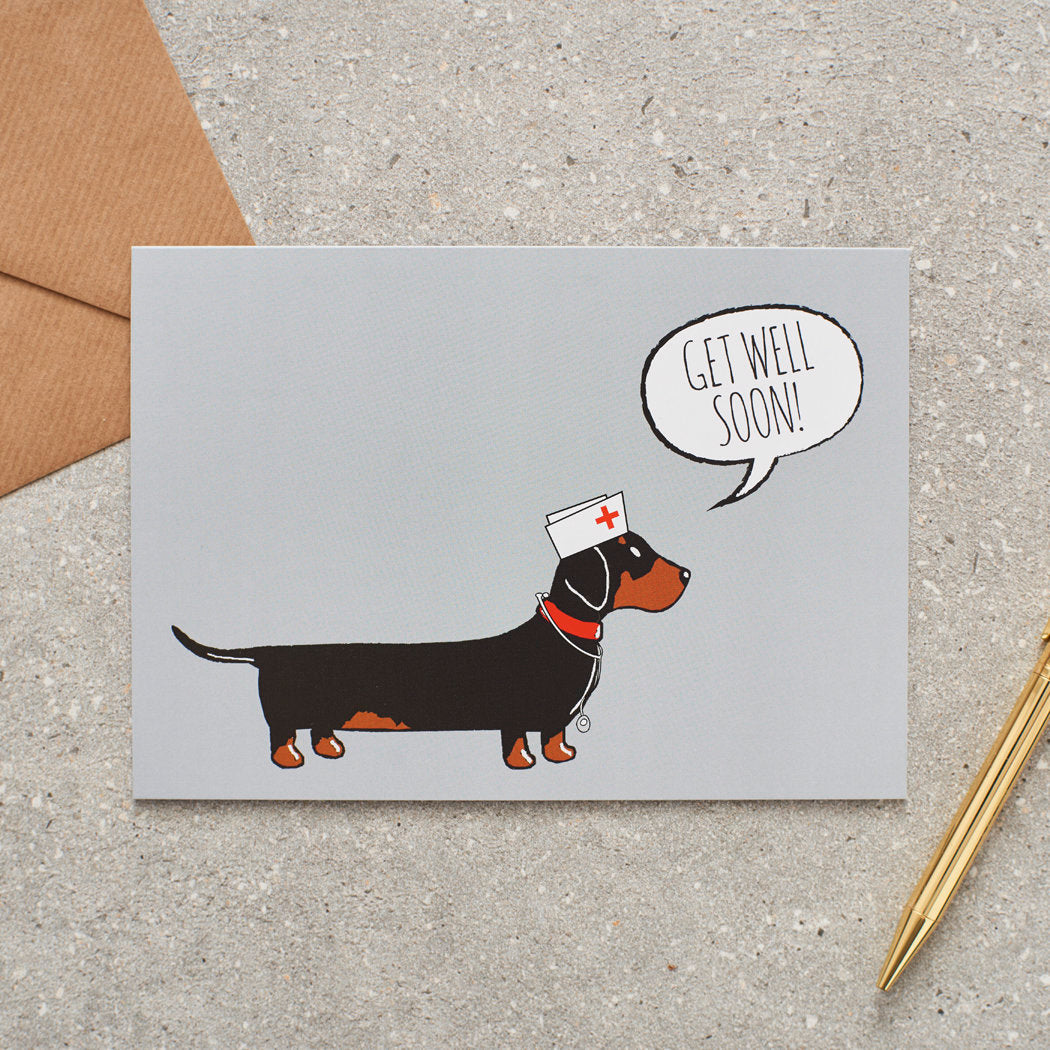 Dachshund Get Well card — illustrated Sausage Dog with get well wishes, dog lover gift by Sweet William Designs