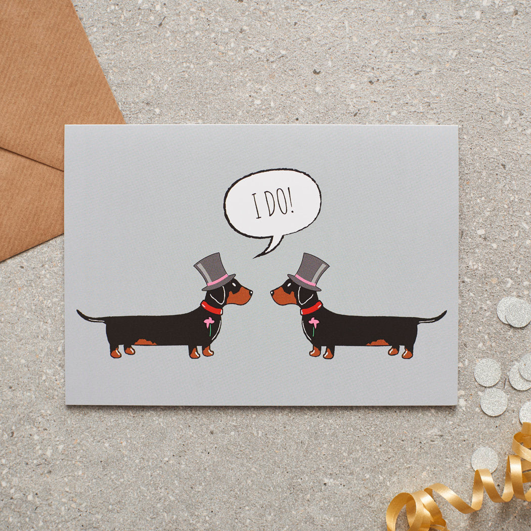 Dachshund gay wedding and civil partnership greeting card featuring two dapper Dachshunds dressed for the occasion, by Sweet William Designs