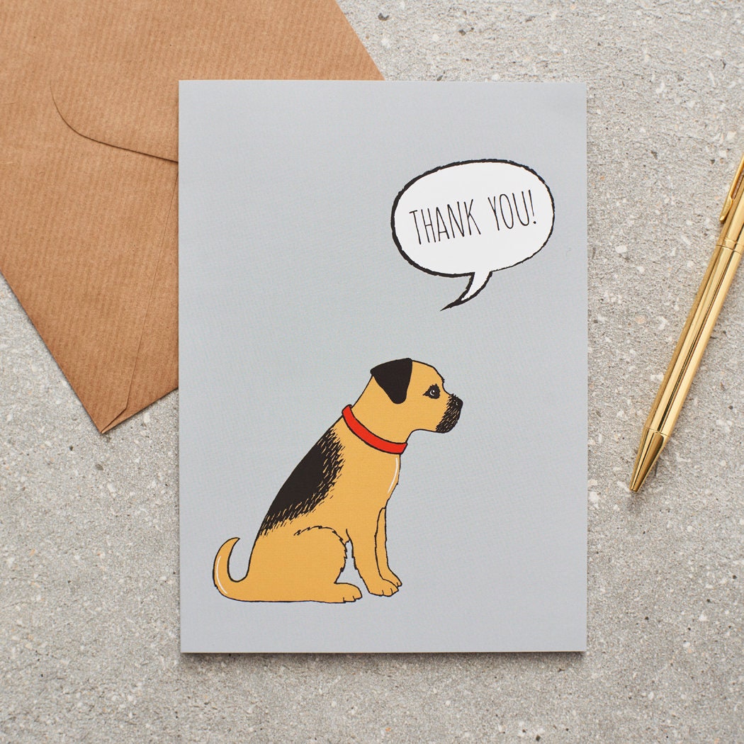 Border Terrier thank you card featuring a charming illustrated Border Terrier with a red collar and a ‘Thank You!’ message, a lovely way to show a dog lover your appreciation