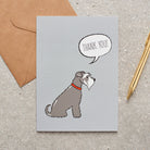 Sweet William Designs Salt & Pepper Schnauzer thank you card showing a red-collared Schnauzer with “thank you!” in a speech bubble, photographed beside a brown envelope and gold pen