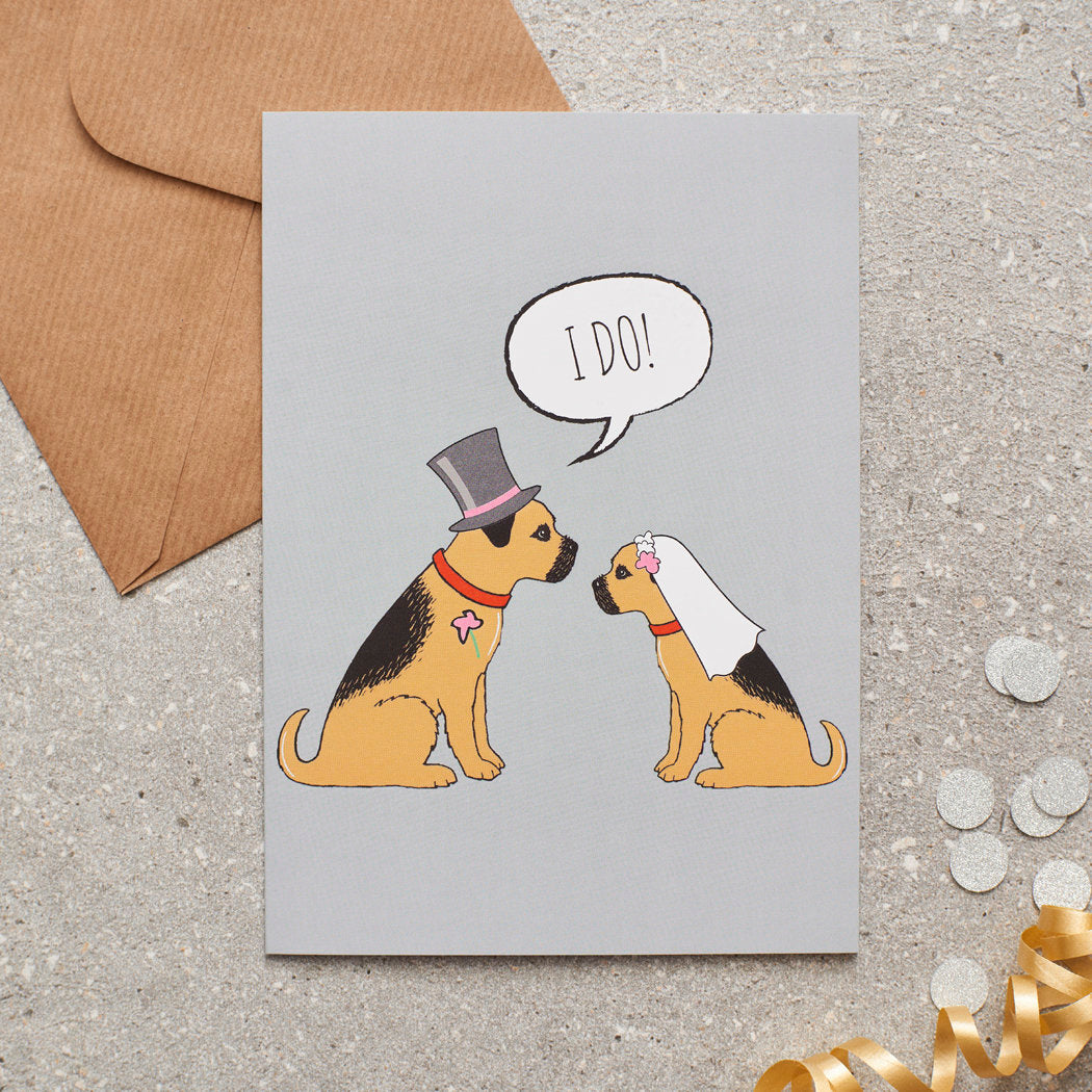 Border Terrier wedding card featuring a charming bride and groom with an ‘I DO!’ message, perfect for celebrating a dog-loving couple’s special day
