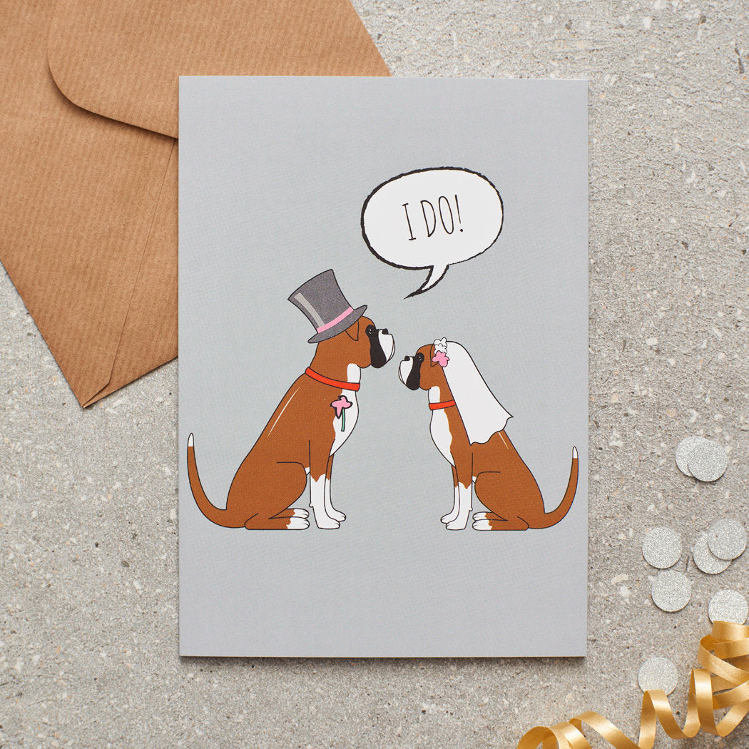 Boxer wedding card featuring a charming bride and groom with an ‘I DO!’ message, perfect for celebrating a dog-loving couple’s special day