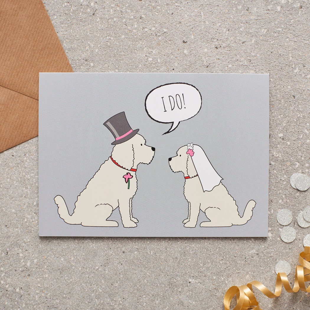 Apricot Cockapoo / Labradoodle wedding card featuring a charming bride and groom with an ‘I DO!’ message, perfect for celebrating a dog-loving couple’s special day