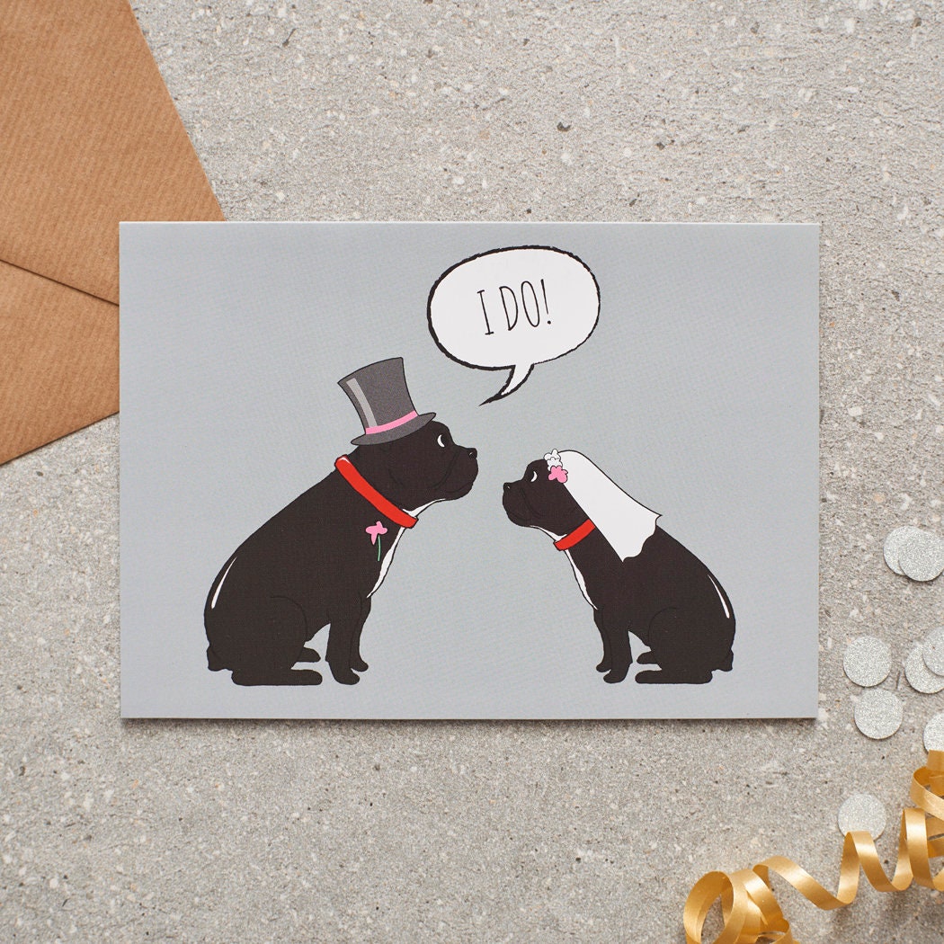 French Bulldog wedding card featuring a charming bride and groom with an ‘I DO!’ message, perfect for celebrating a dog-loving couple’s special day