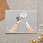 Golden Retriever wedding card featuring a charming bride and groom with an ‘I DO!’ message, perfect for celebrating a dog-loving couple’s special day