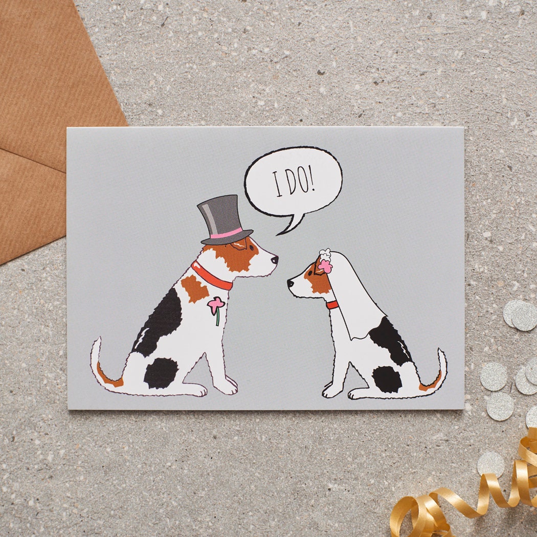 Jack Russell wedding card featuring a charming bride and groom with an ‘I DO!’ message, perfect for celebrating a dog-loving couple’s special day