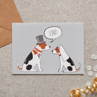 Jack Russell wedding card featuring a charming bride and groom with an ‘I DO!’ message, perfect for celebrating a dog-loving couple’s special day