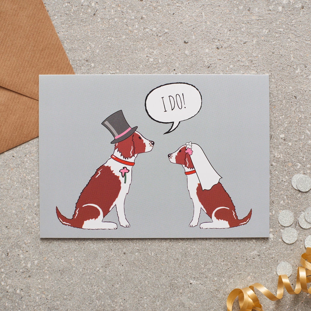 Liver & White Springer Spaniel wedding card featuring a charming bride and groom with an ‘I DO!’ message, perfect for celebrating a dog-loving couple’s special day