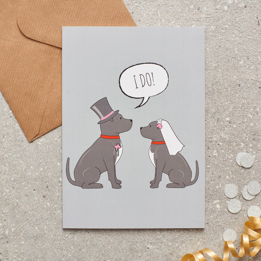 Staffie wedding card featuring a charming bride and groom with an ‘I DO!’ message, perfect for celebrating a dog-loving couple’s special day