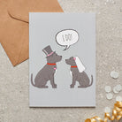 Staffie wedding card featuring a charming bride and groom with an ‘I DO!’ message, perfect for celebrating a dog-loving couple’s special day