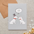 Westie wedding card featuring a charming bride and groom with an ‘I DO!’ message, perfect for celebrating a dog-loving couple’s special day