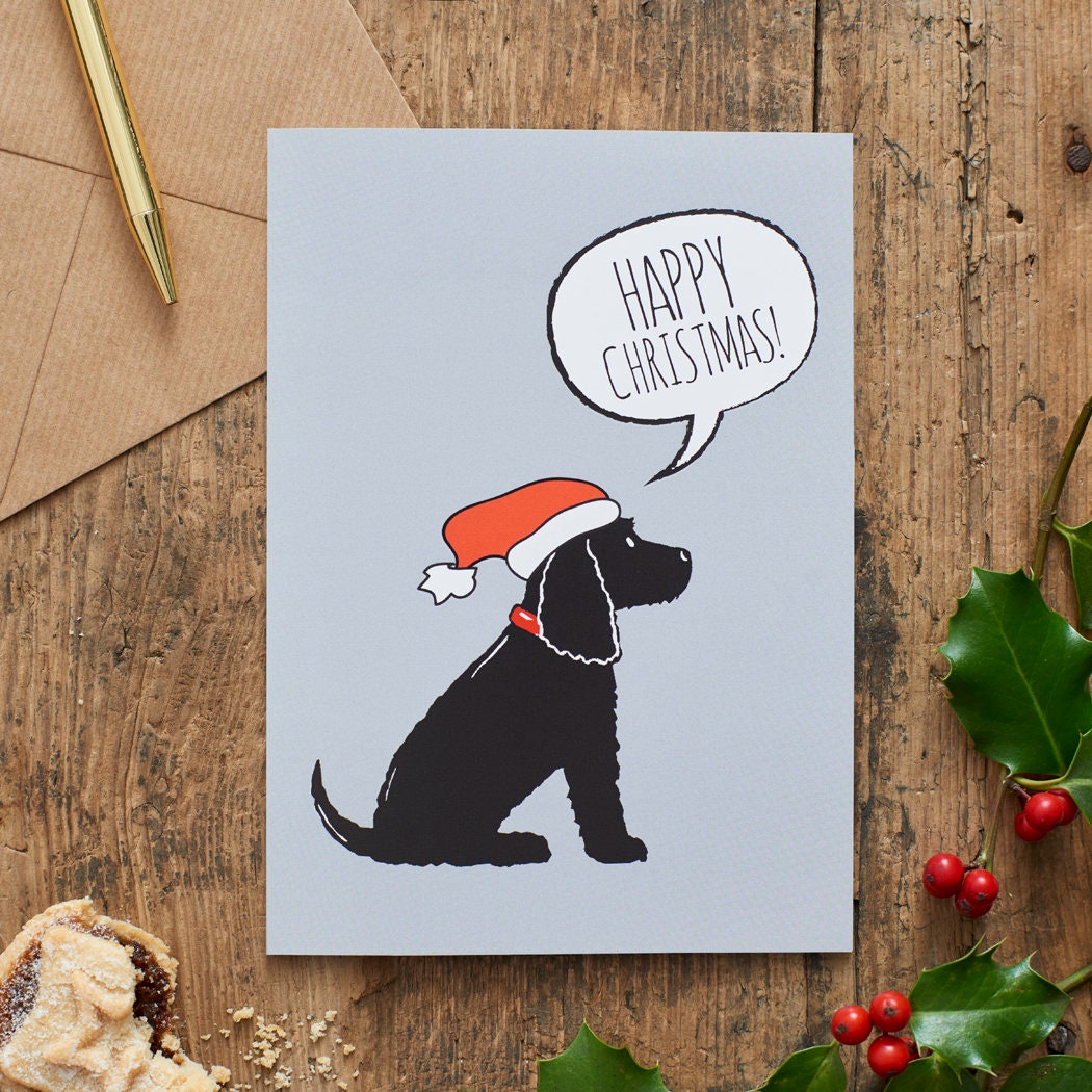 Black Cocker Spaniel Christmas Card — illustrated dog lover greeting card by Sweet William Designs