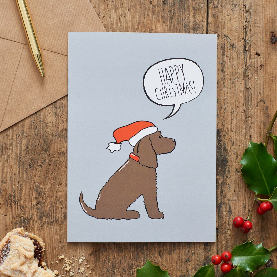 Chocolate Cocker Spaniel Christmas Card — illustrated dog lover greeting card by Sweet William Designs