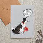 Border Collie Mother's Day card featuring illustrated Border Collie holding flowers — blank inside, supplied with kraft envelope, by Sweet William Designs
