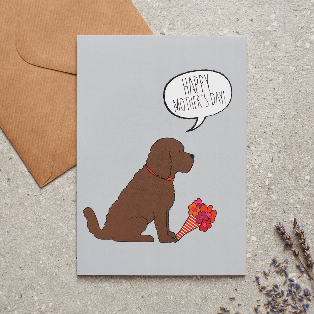 Cockapoo / Labradoodle (Chocolate) Mother's Day card featuring illustrated Chocolate Cockapoo holding flowers — blank inside, supplied with kraft envelope, by Sweet William Designs