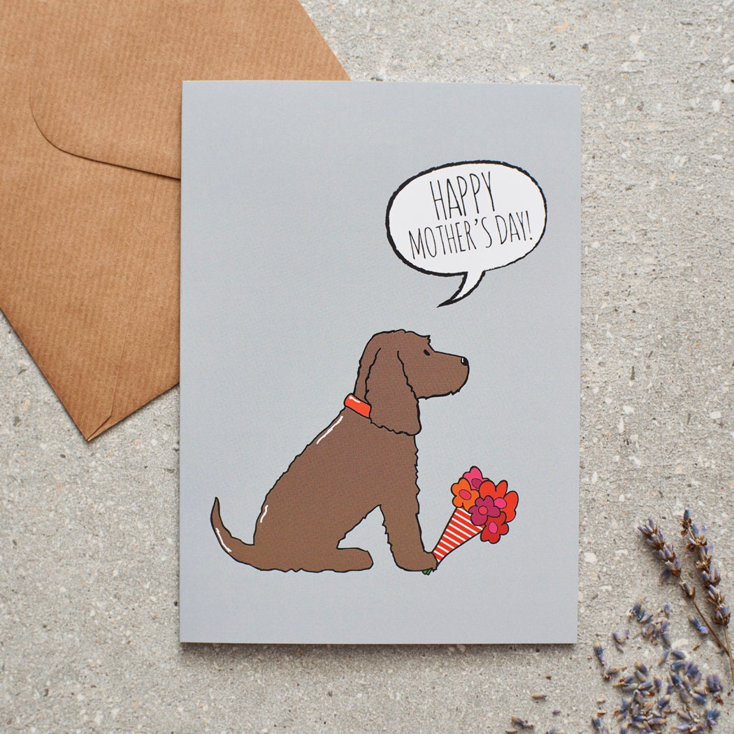 Cocker Spaniel (Chocolate) Mother's Day card featuring illustrated Chocolate Cocker Spaniel holding flowers — blank inside with optional handwritten message, perfect gift for dog mums