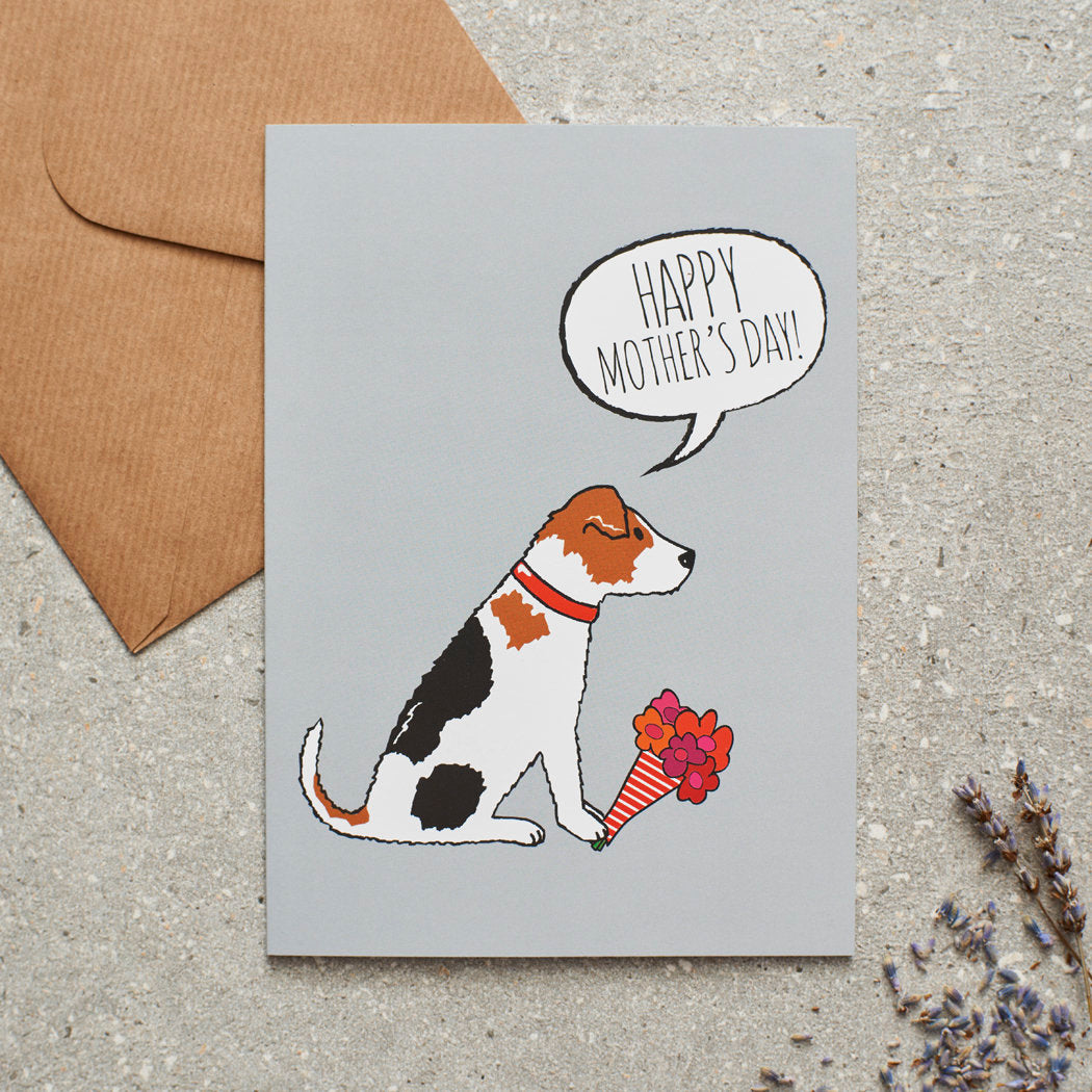 Jack Russell Mother's Day card featuring illustrated Jack Russell holding flowers — blank inside with optional handwritten message, perfect gift for dog mums