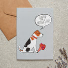 Jack Russell Mother's Day card featuring illustrated Jack Russell holding flowers — blank inside with optional handwritten message, perfect gift for dog mums