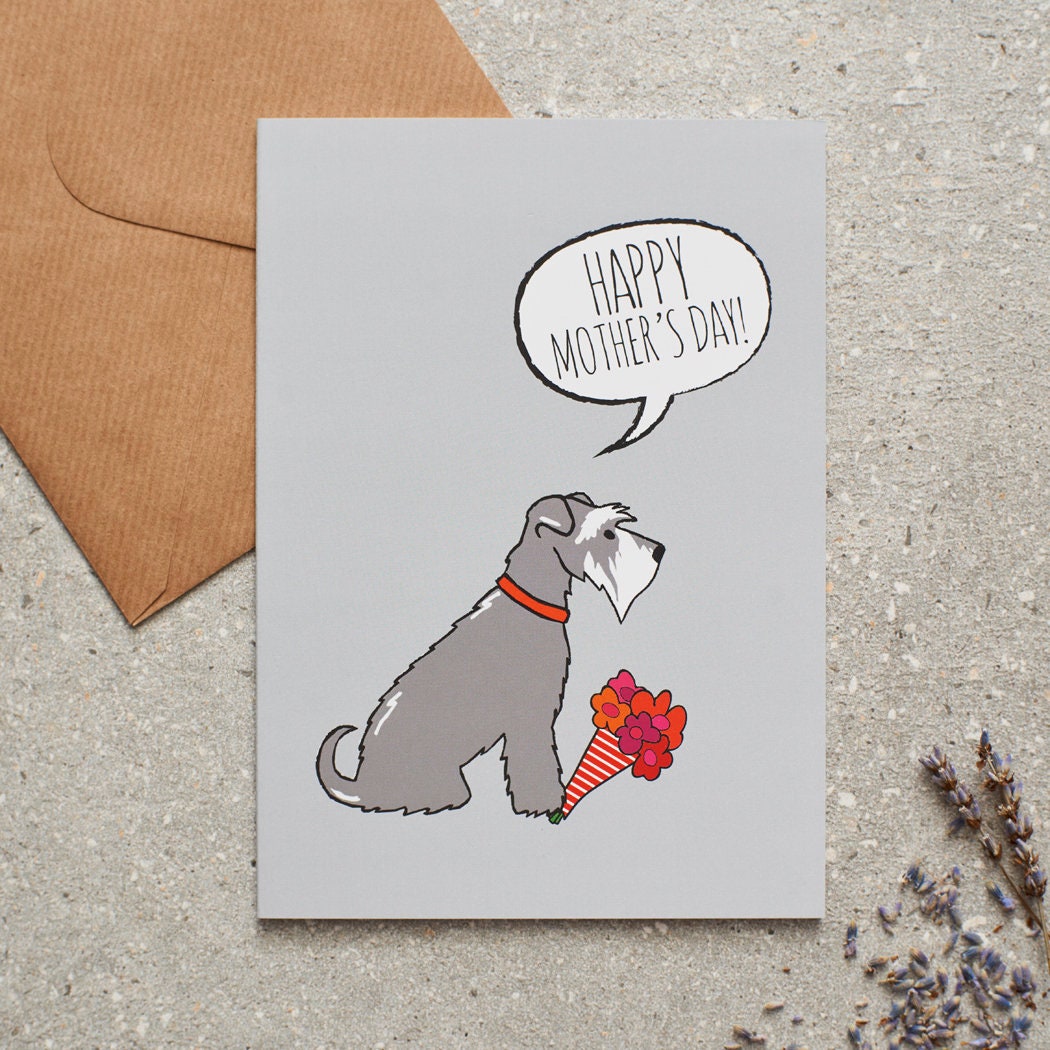Salt & Pepper Schnauzer Mother's Day card featuring illustrated Grey Schnauzer holding flowers — blank inside with optional handwritten message, perfect gift for dog mums