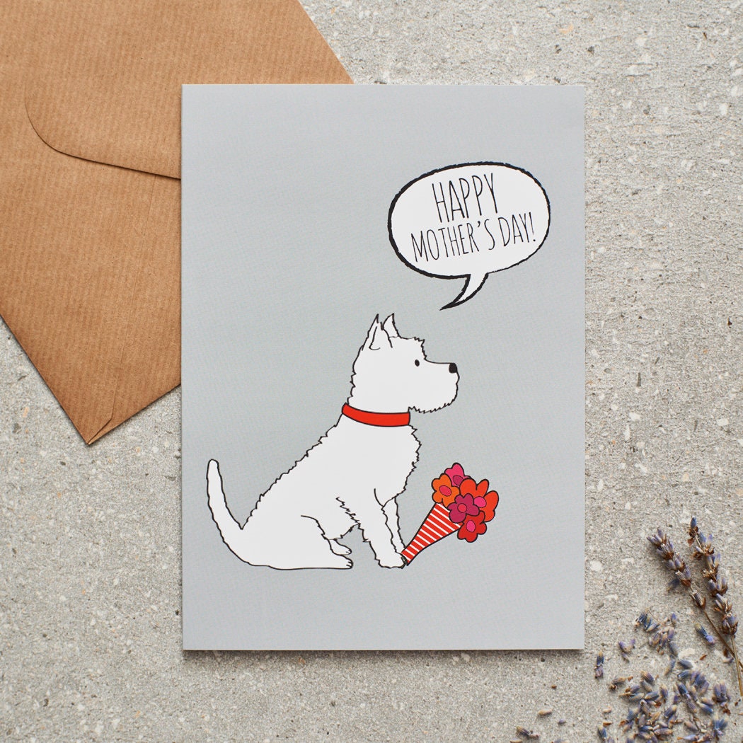 Westie Mother's Day card featuring illustrated Westie holding flowers — blank inside with optional handwritten message, perfect gift for dog mums
