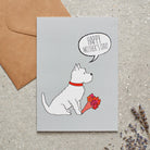 Westie Mother's Day card featuring illustrated Westie holding flowers — blank inside with optional handwritten message, perfect gift for dog mums