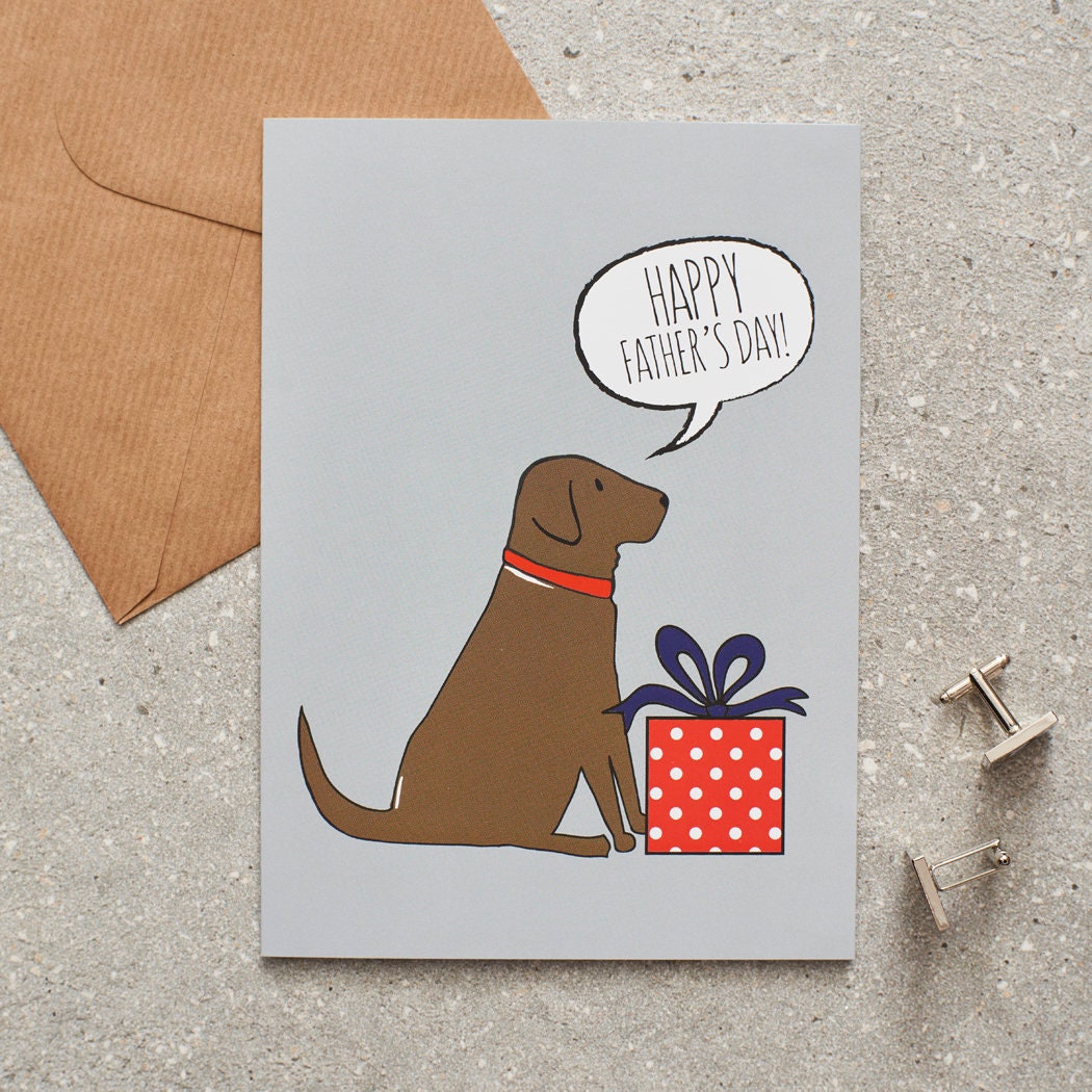 Chocolate Labrador Father's Day card — illustrated dog with gift and 'Happy Father's Day' message, dog lover gift by Sweet William Designs