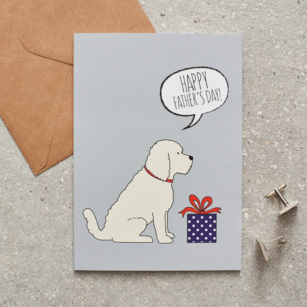 Cockapoo / Labradoodle (Apricot) Father's Day card — illustrated dog with gift and 'Happy Father's Day' message, dog lover gift by Sweet William Designs