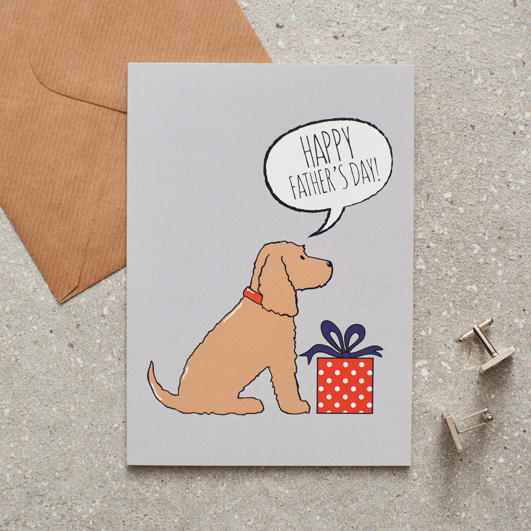 Cocker Spaniel (Golden) Father's Day card — illustrated dog with gift and 'Happy Father's Day' message, dog lover gift by Sweet William Designs