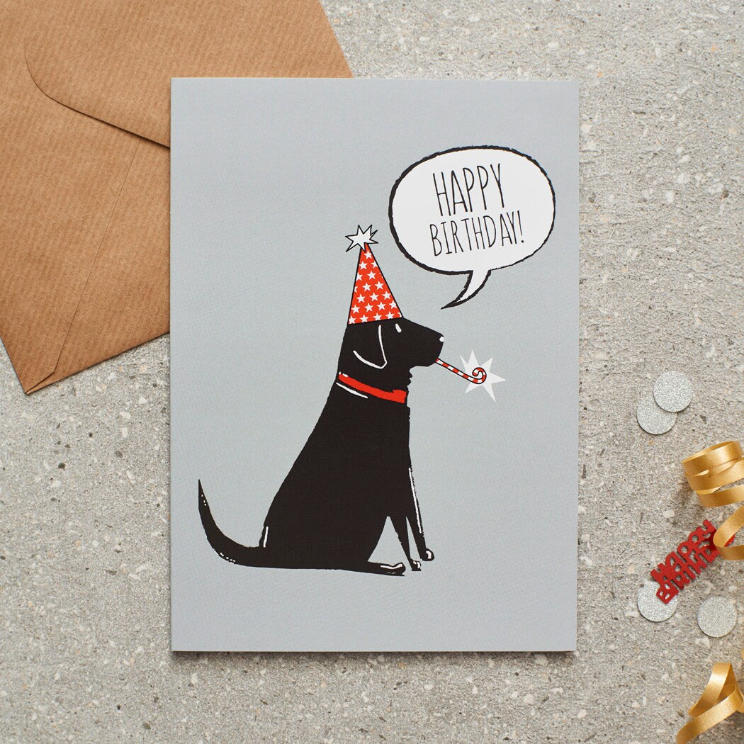 Black Labrador birthday card with illustrated dog design — blank inside, FSC-certified, designed and made in England by Sweet William Designs