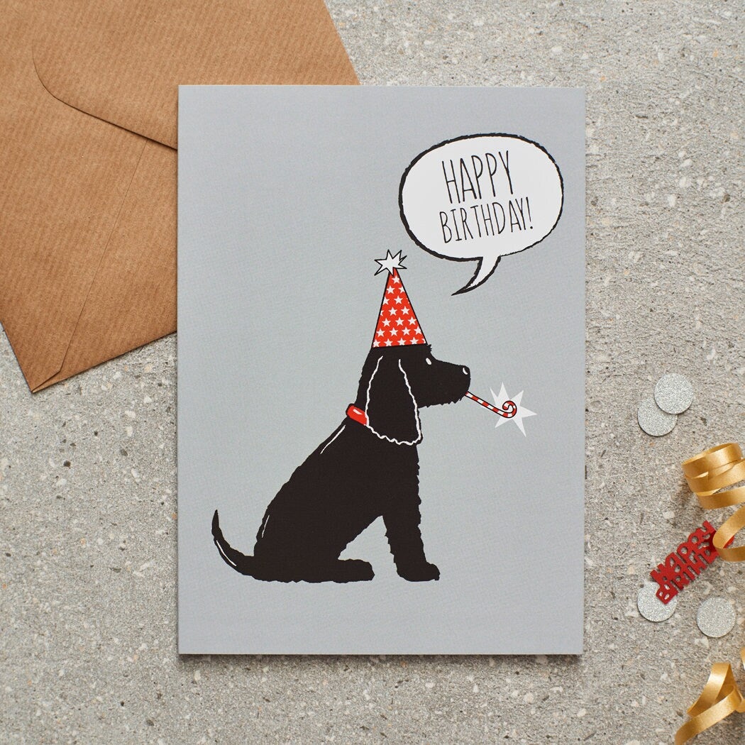 Black Cocker Spaniel birthday card with illustrated dog design — blank inside, FSC-certified, designed and made in England by Sweet William Designs