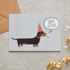 Dachshund birthday card with illustrated dog design — blank inside, FSC-certified, designed and made in England by Sweet William Designs