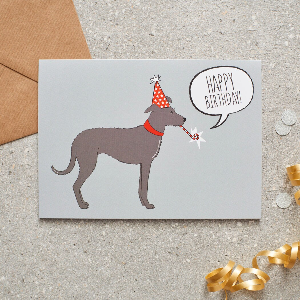 Lurcher birthday card with illustrated dog design — blank inside, FSC-certified, designed and made in England by Sweet William Designs