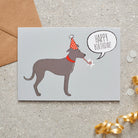 Lurcher birthday card with illustrated dog design — blank inside, FSC-certified, designed and made in England by Sweet William Designs