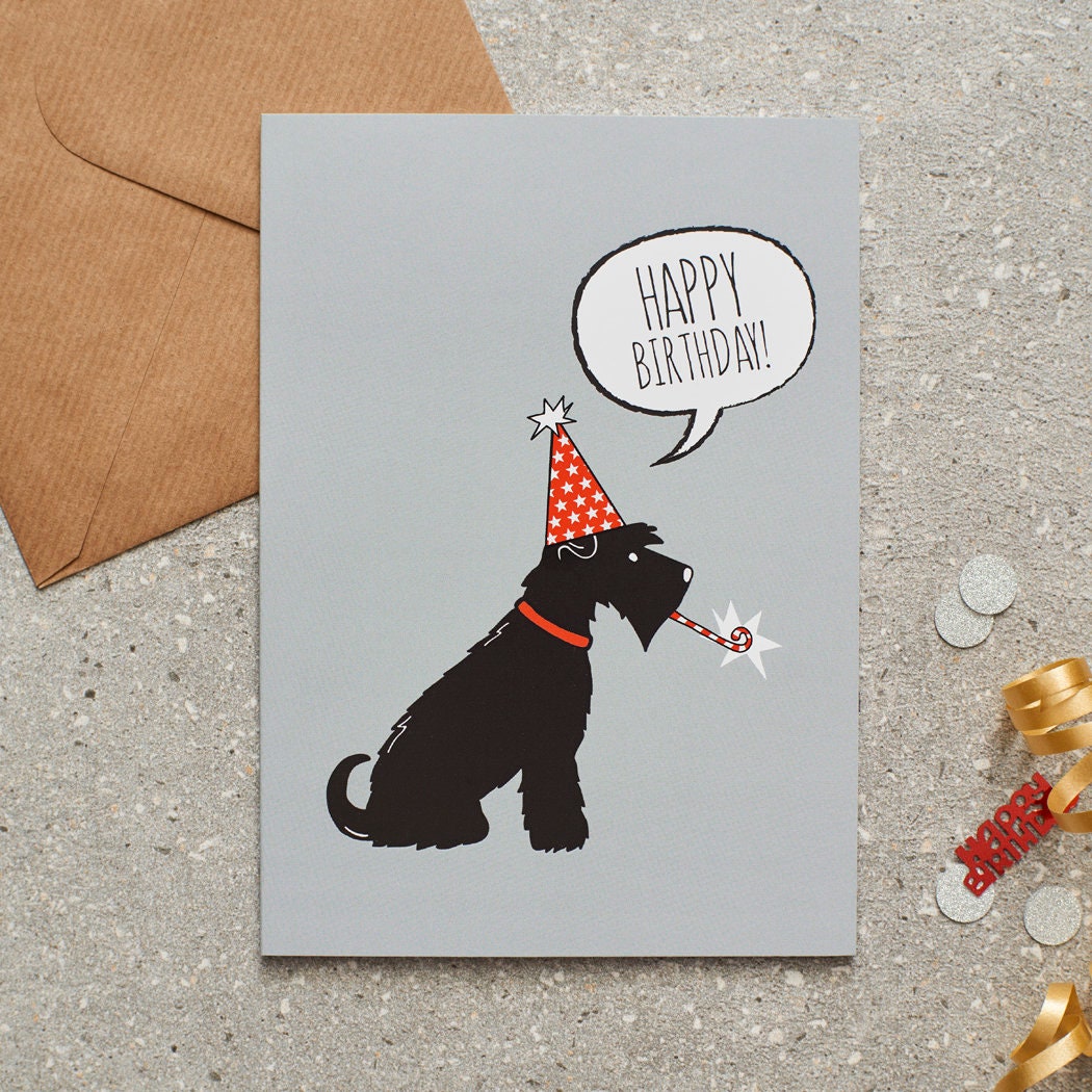 Black Schnauzer birthday card with illustrated dog design — blank inside, FSC-certified, designed and made in England by Sweet William Designs