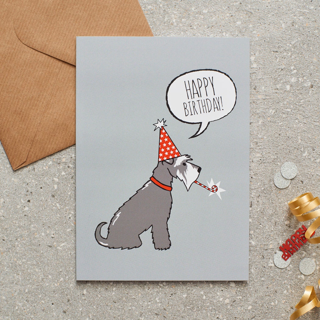 Salt & Pepper Schnauzer birthday card with illustrated dog design — blank inside, FSC-certified, designed and made in England by Sweet William Designs