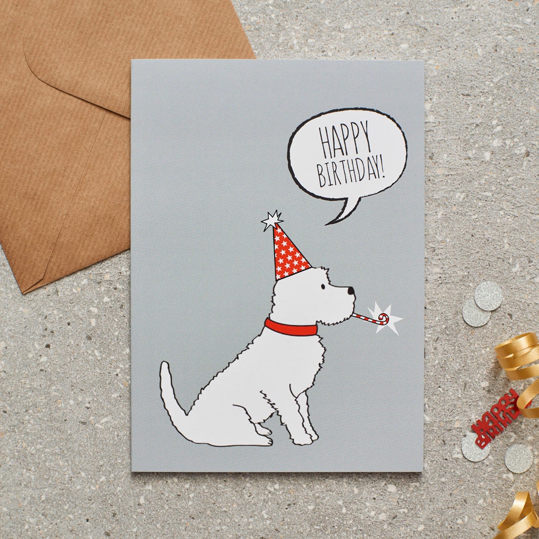Westie birthday card with illustrated dog design — blank inside, FSC-certified, designed and made in England by Sweet William Designs