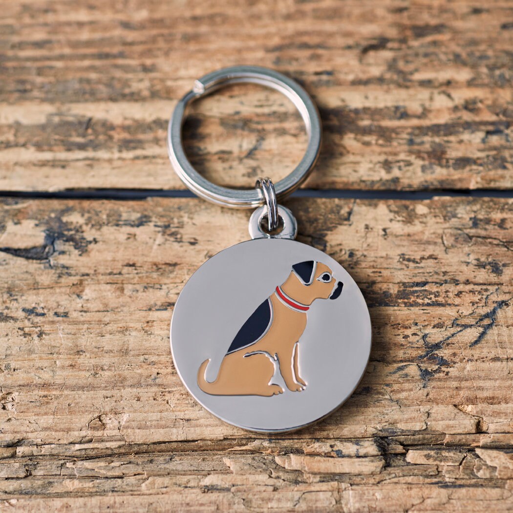 Close-up of Border Terrier dog ID tag — silver-plated brass with illustrated Border Terrier design, personalised dog tag by Sweet William Designs