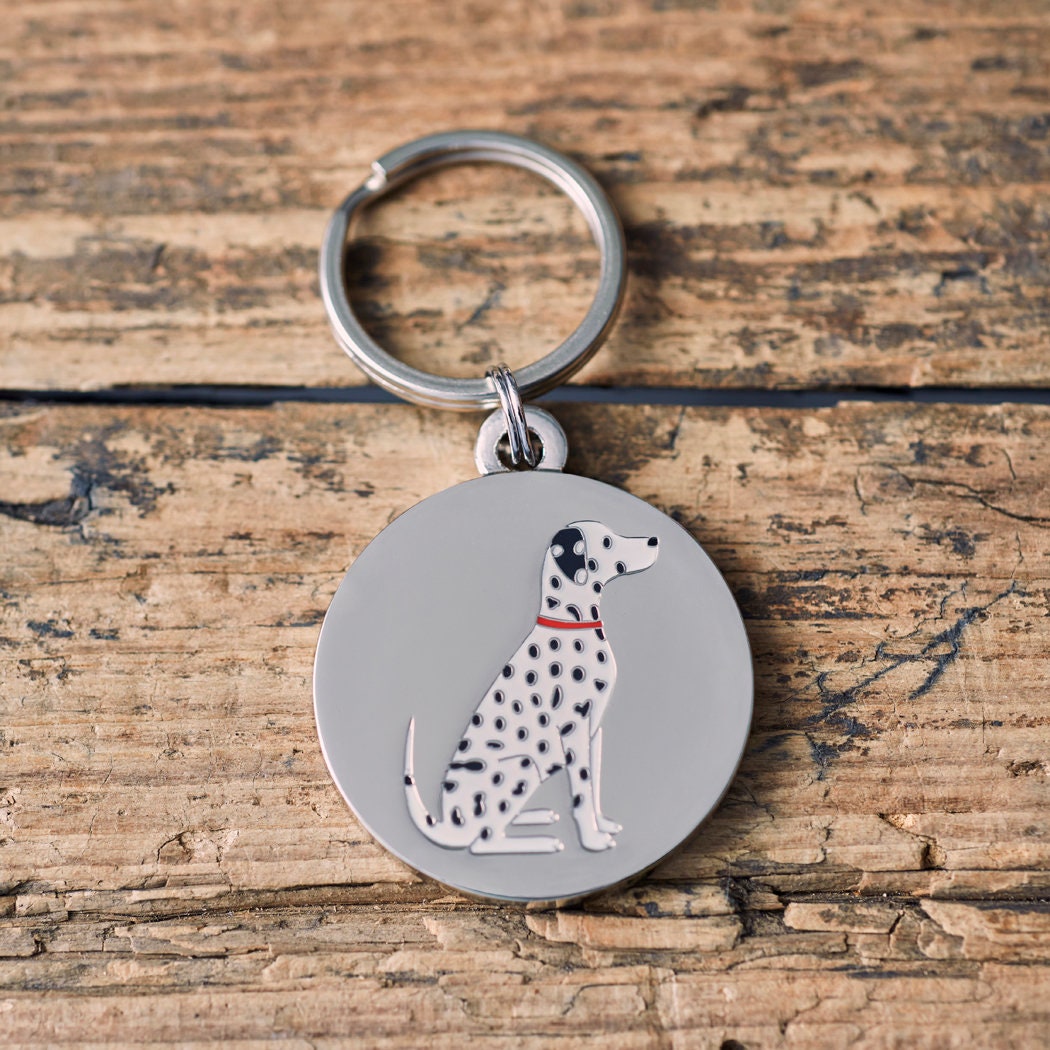 Close-up of Dalmatian dog ID tag — silver-plated brass with illustrated Dalmatian design, personalised dog tag by Sweet William Designs