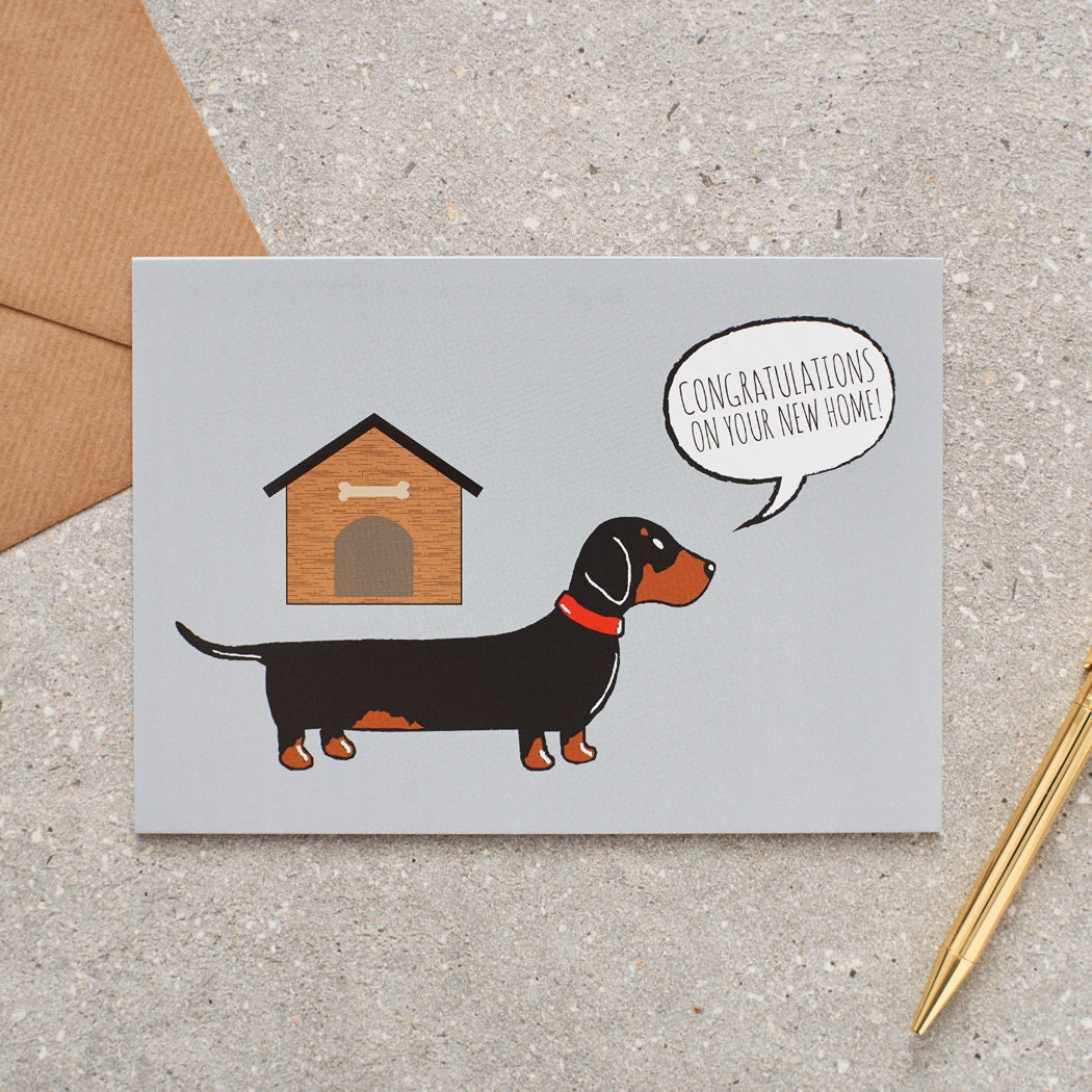 Dachshund New Home card — illustrated Daxie with new home wishes, dog lover gift by Sweet William Designs