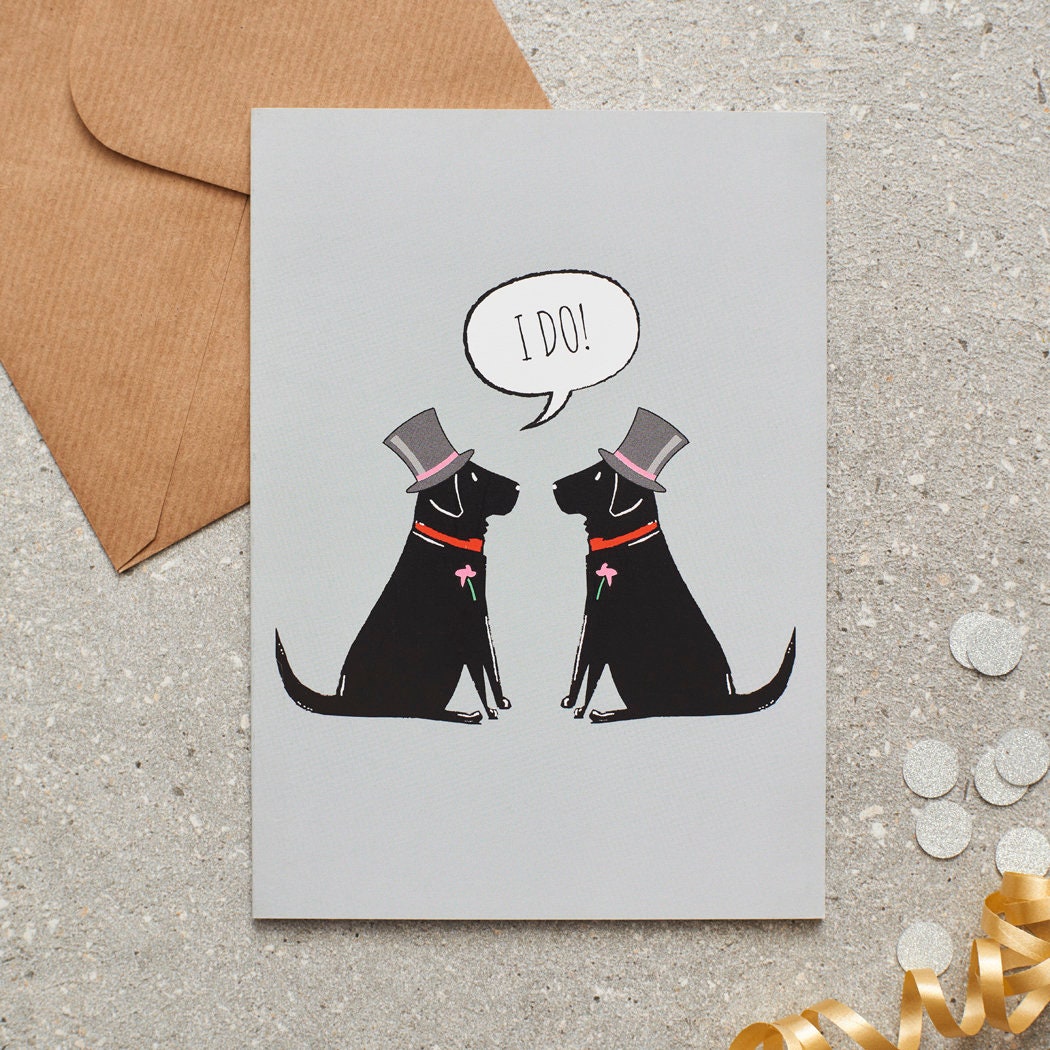 Black Labrador gay wedding and civil partnership card featuring two Black Labradors dressed for the occasion, by Sweet William Designs