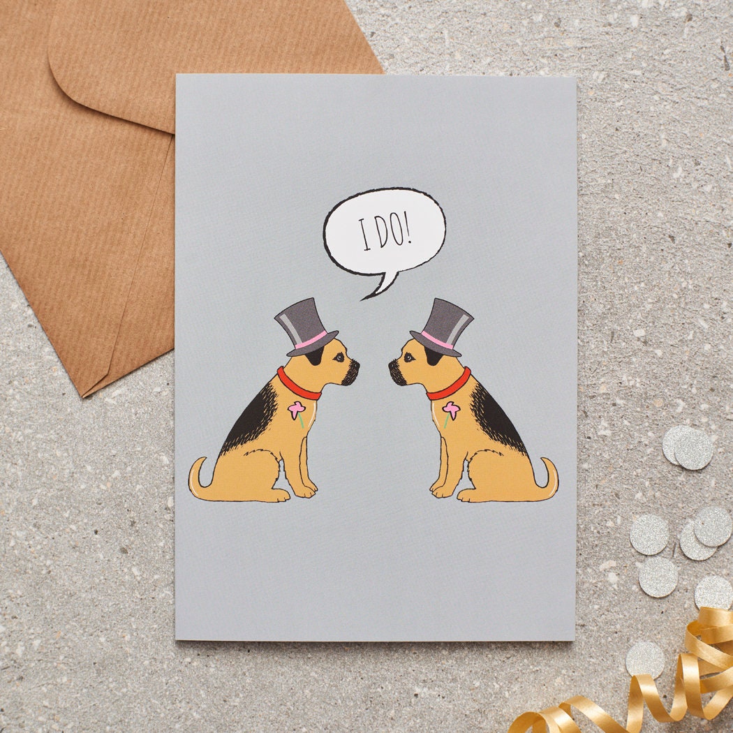 Border Terrier gay wedding and civil partnership greeting card featuring two dapper Border Terriers dressed for the occasion, by Sweet William Designs