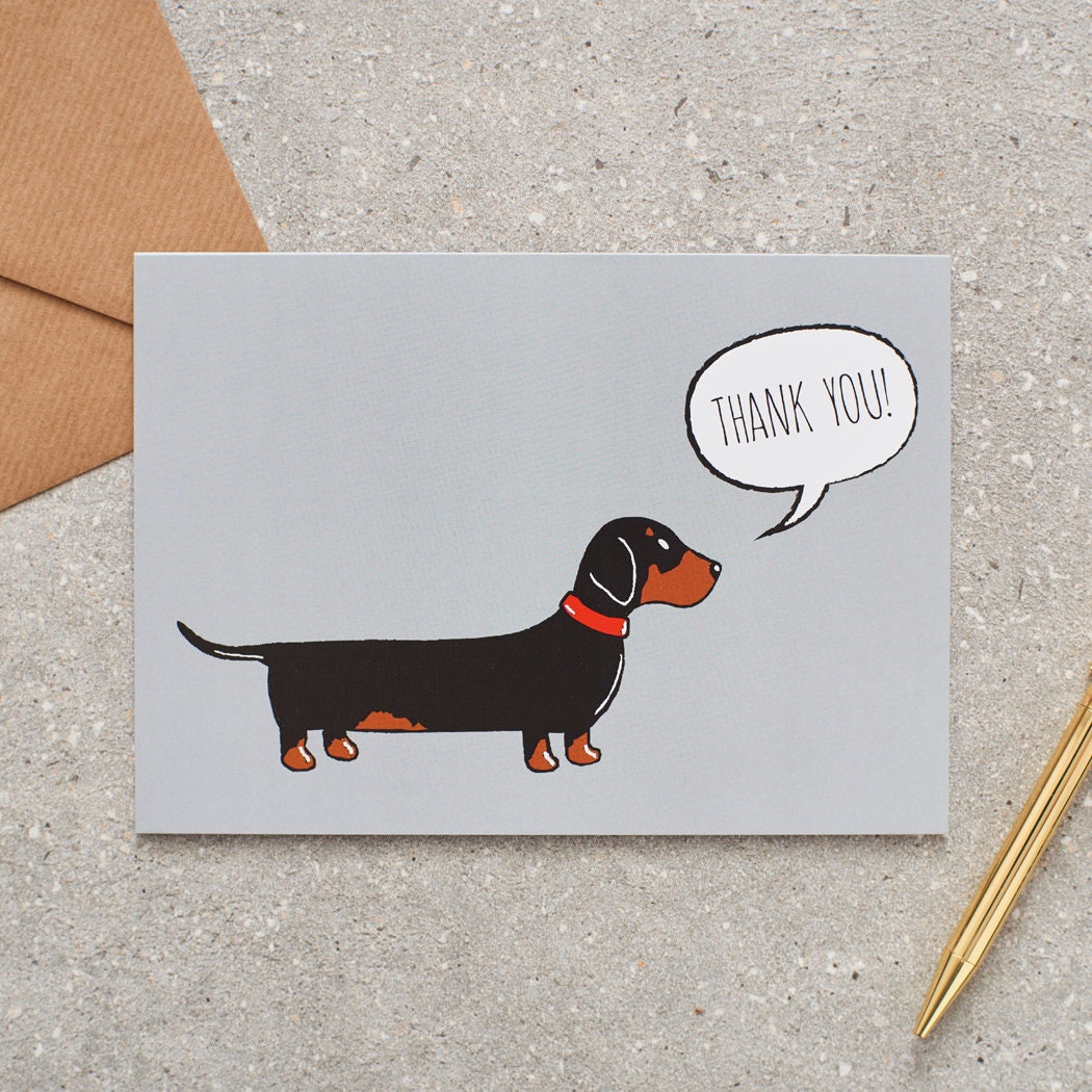 Dachshund thank you card featuring a charming illustrated sausage dog with a red collar and a ‘Thank You!’ message, a lovely way to show a dog lover your appreciation
