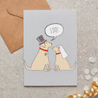 Yellow Labrador wedding card featuring a charming bride and groom with an ‘I DO!’ message, perfect for celebrating a dog-loving couple’s special day